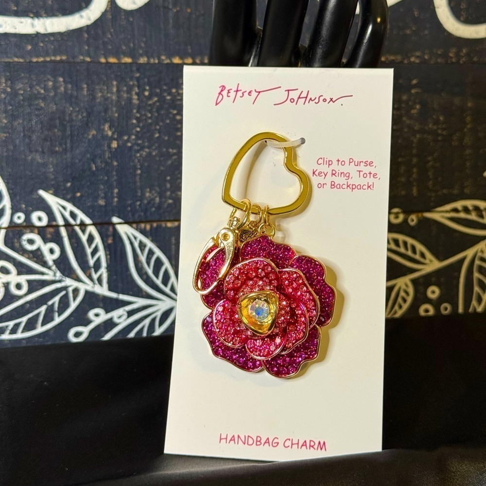 Betsey Johnson Fuchsia Flower Crystal Studded Handbag Charm